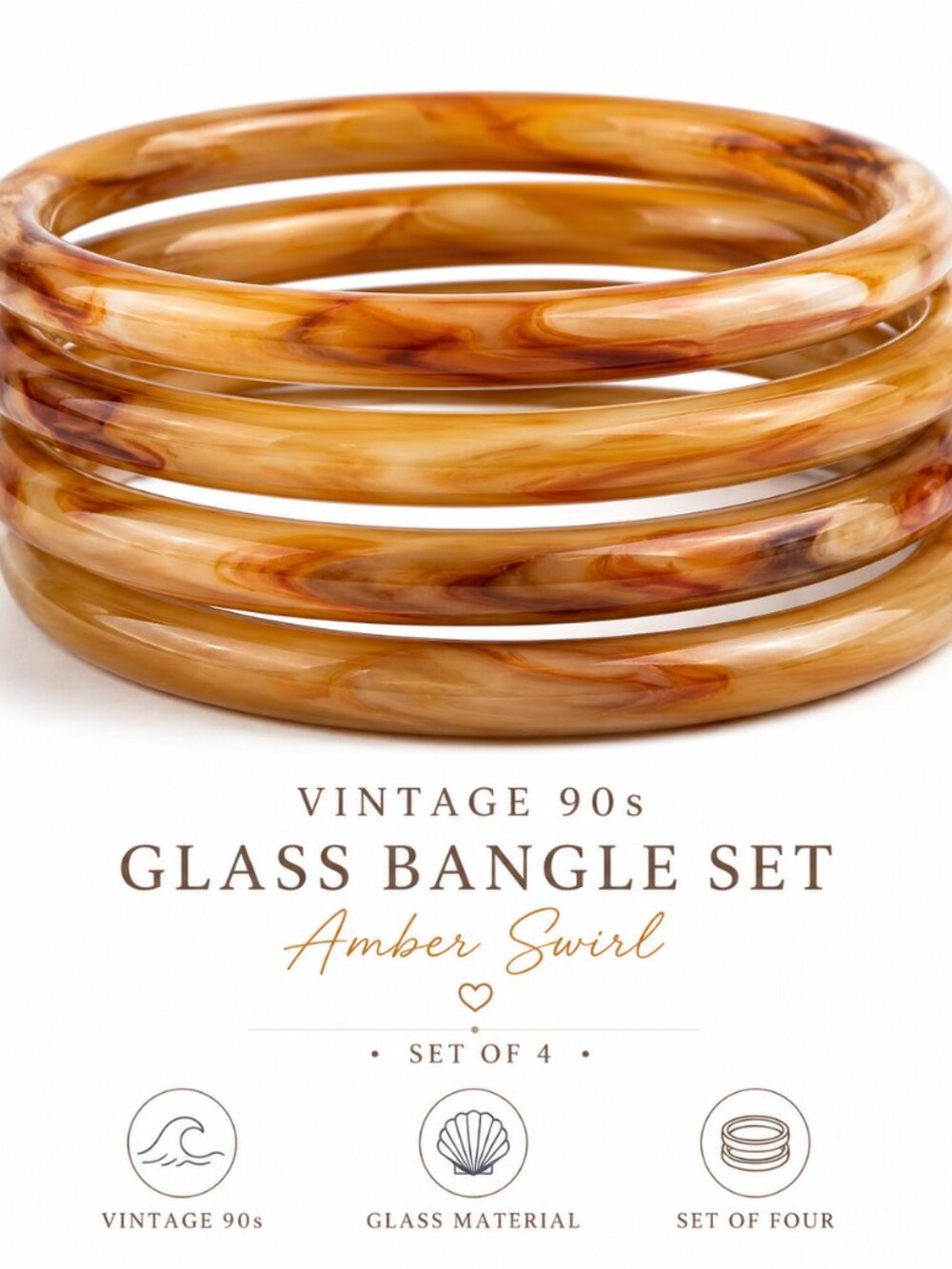 Vintage Amber Swirl Glass Bangles Set of 4 Marbled 90s Stack Bracelets